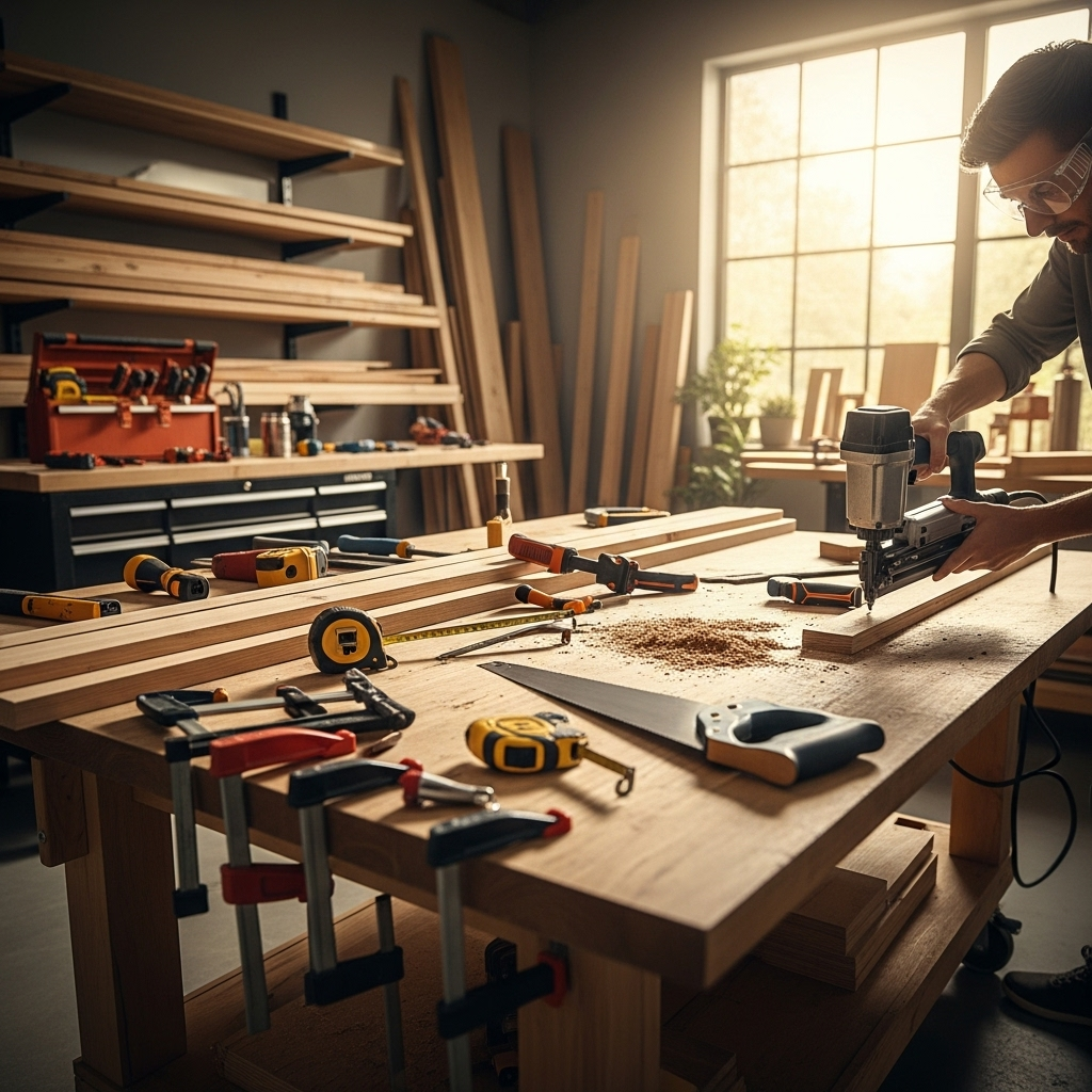 Visually represent the woodworking and DIY tool theme in a bright, modern, and relatable setting —
