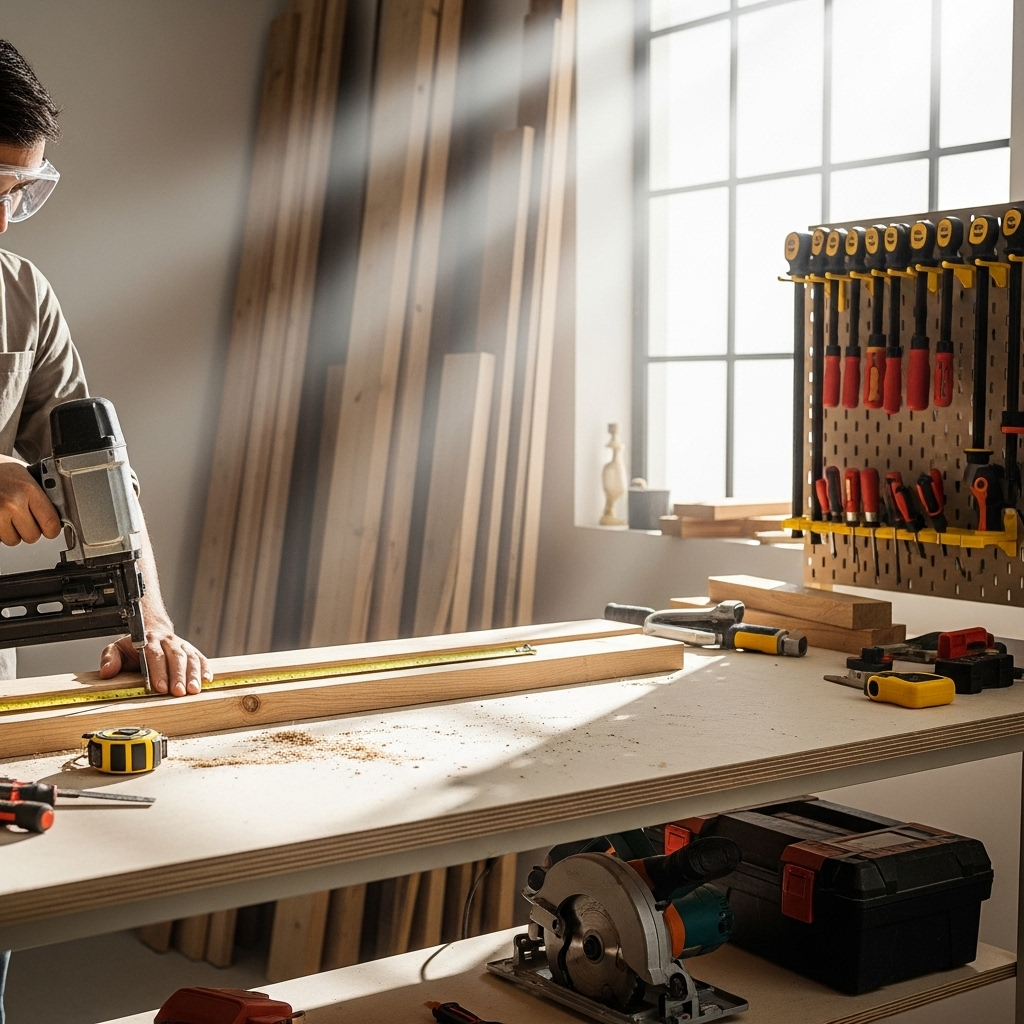Visually represent the woodworking and DIY tool theme in a bright, modern, and relatable setting —