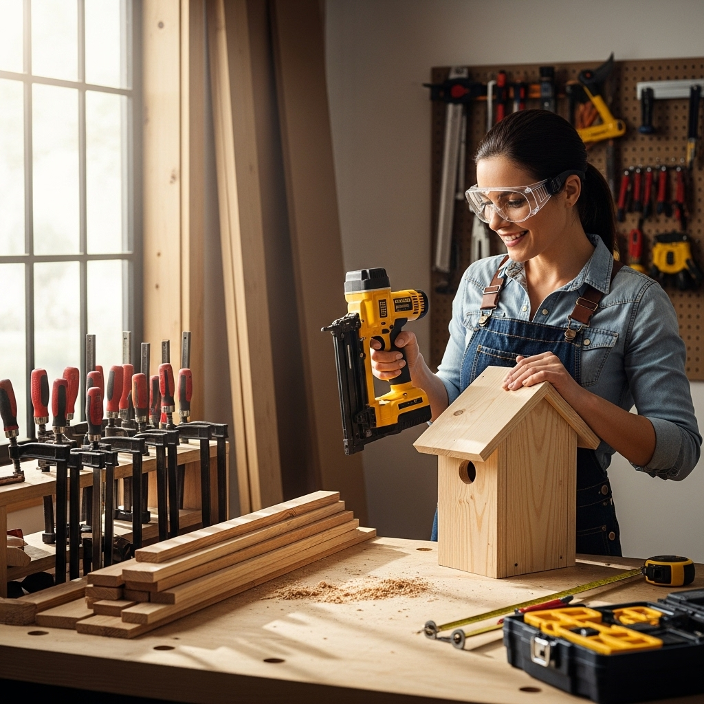 Visually represent the woodworking and DIY tool theme in a bright, modern, and relatable setting —