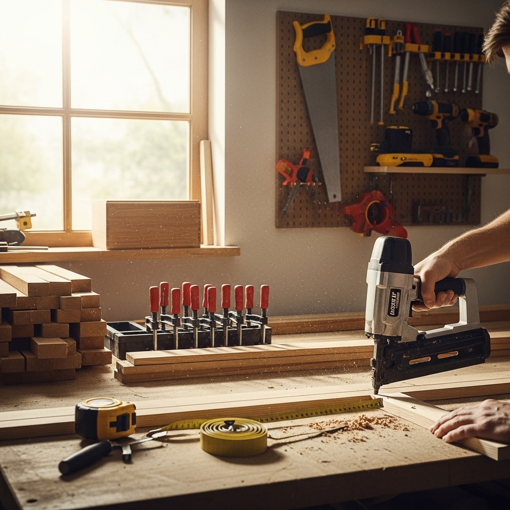Visually represent the woodworking and DIY tool theme in a bright, modern, and relatable setting —