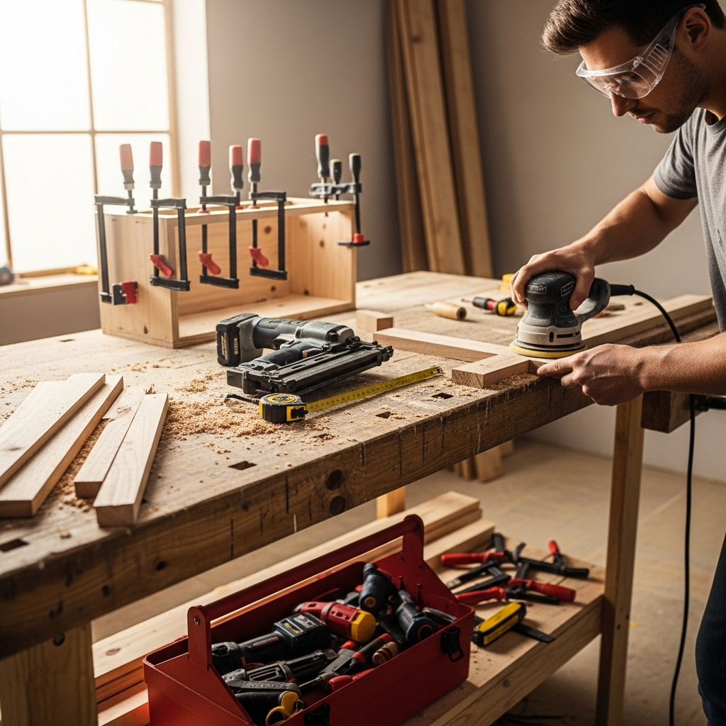 Visually represent the woodworking and DIY tool theme in a bright, modern, and relatable setting —