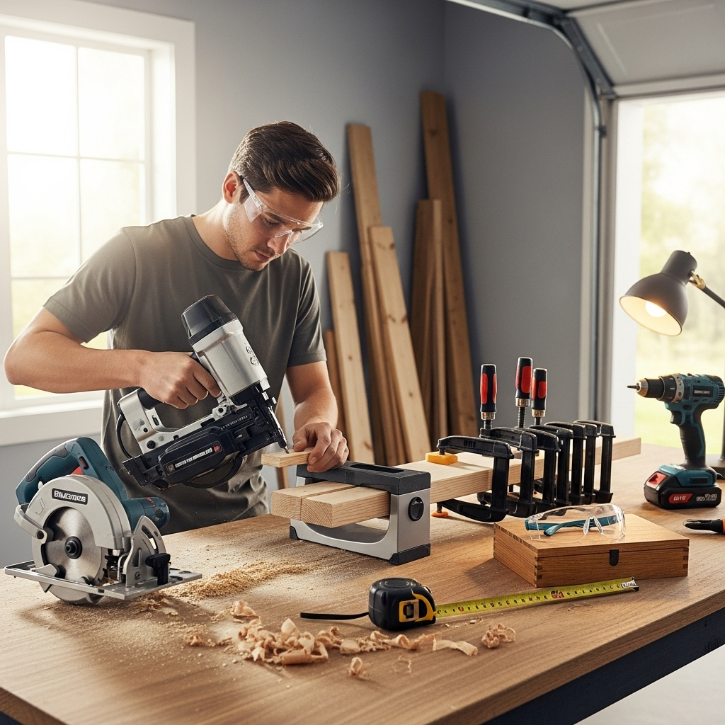 Visually represent the woodworking and DIY tool theme in a bright, modern, and relatable setting —