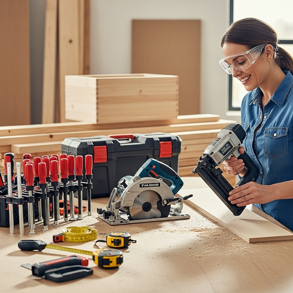 Visually represent the woodworking and DIY tool theme in a bright, modern, and relatable setting —