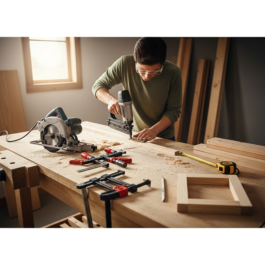 Visually represent the woodworking and DIY tool theme in a bright, modern, and relatable setting —