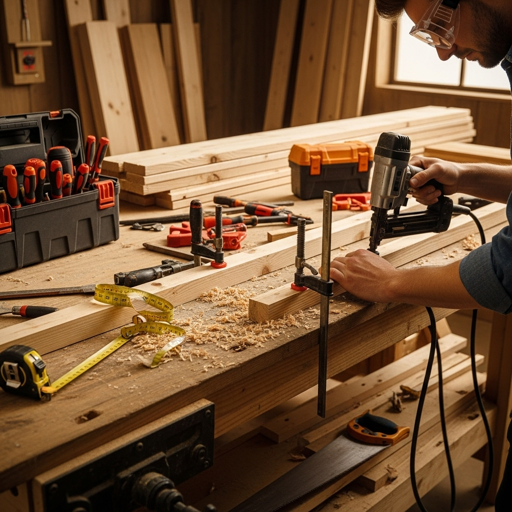 Visually represent the woodworking and DIY tool theme in a bright, modern, and relatable setting —