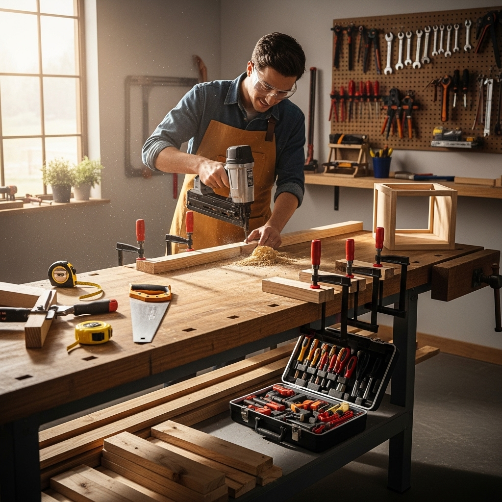 Visually represent the woodworking and DIY tool theme in a bright, modern, and relatable setting —