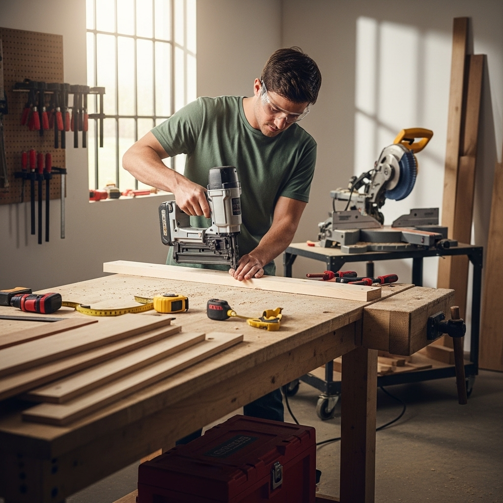 Visually represent the woodworking and DIY tool theme in a bright, modern, and relatable setting —