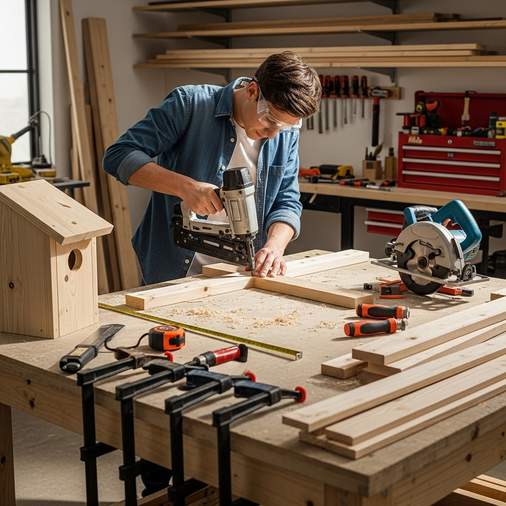 Visually represent the woodworking and DIY tool theme in a bright, modern, and relatable setting —