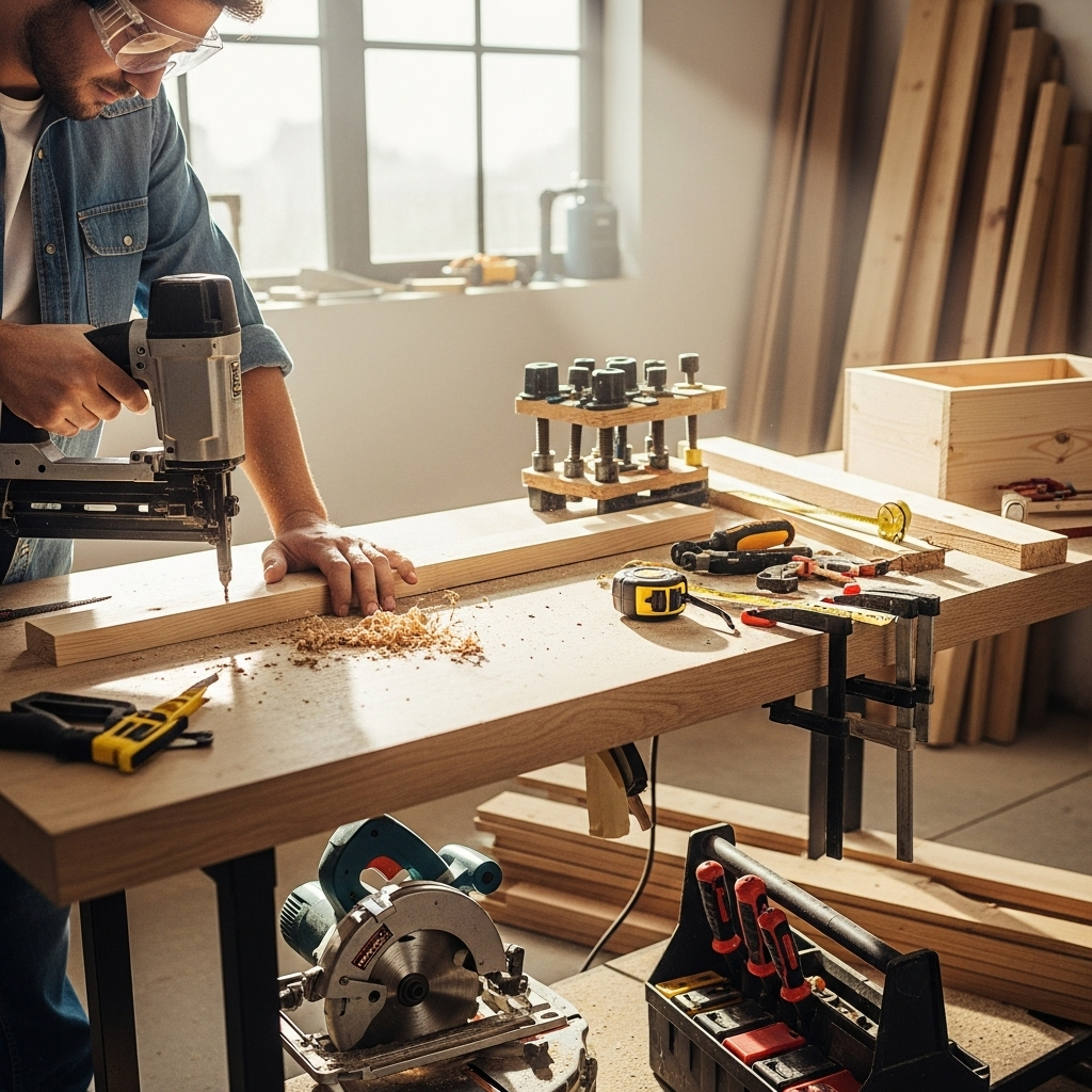 Visually represent the woodworking and DIY tool theme in a bright, modern, and relatable setting —