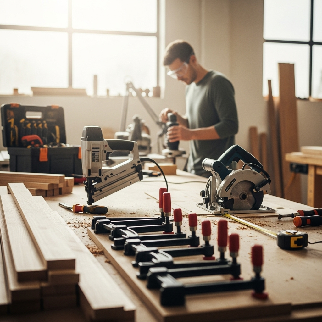 Visually represent the woodworking and DIY tool theme in a bright, modern, and relatable setting —