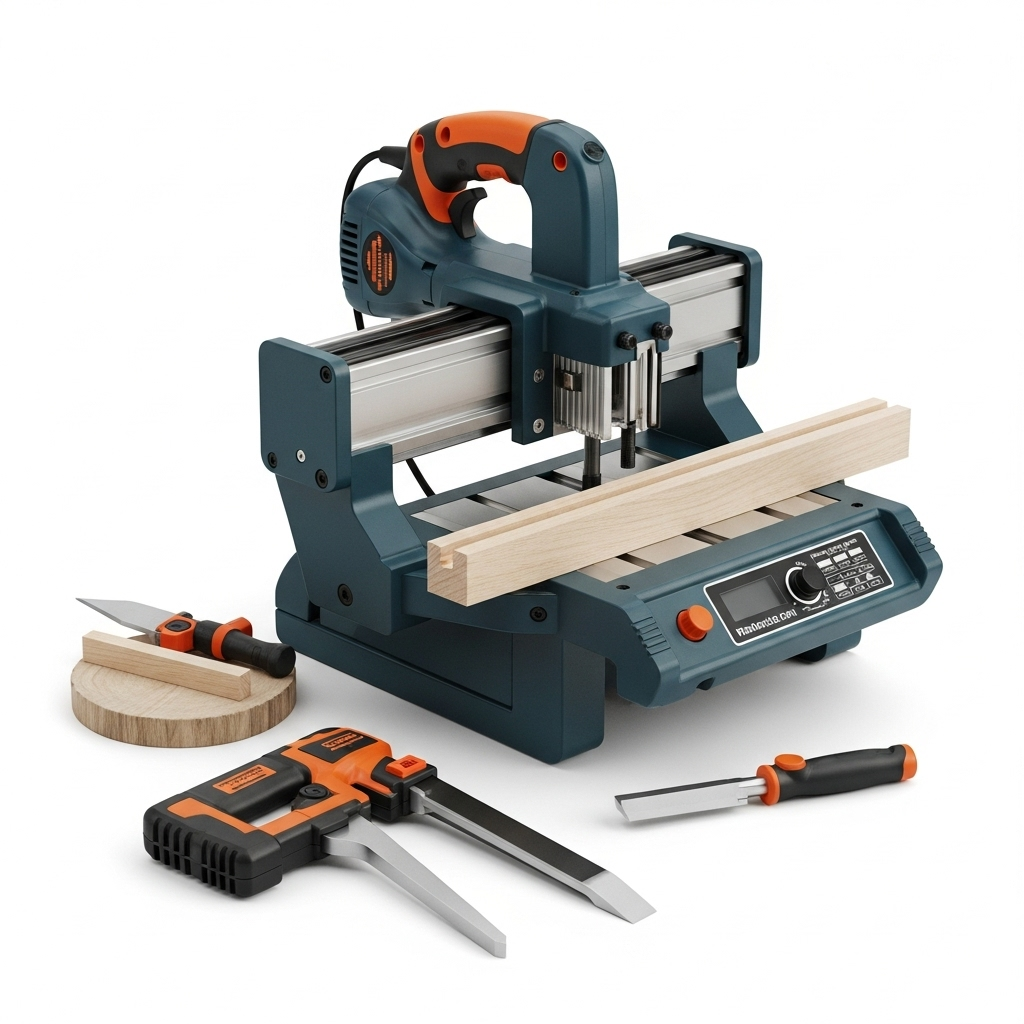 Visually represent the woodworking and DIY tool theme in a bright, modern, and relatable setting —