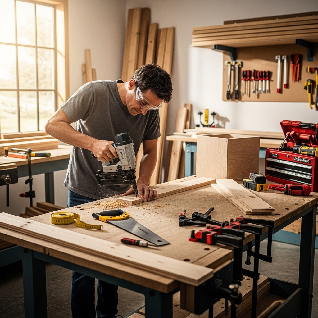 Visually represent the woodworking and DIY tool theme in a bright, modern, and relatable setting —