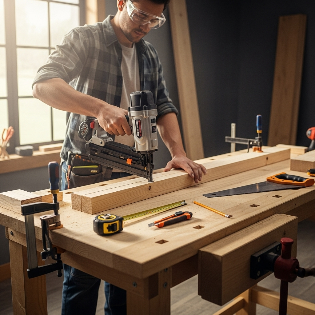 Visually represent the woodworking and DIY tool theme in a bright, modern, and relatable setting —