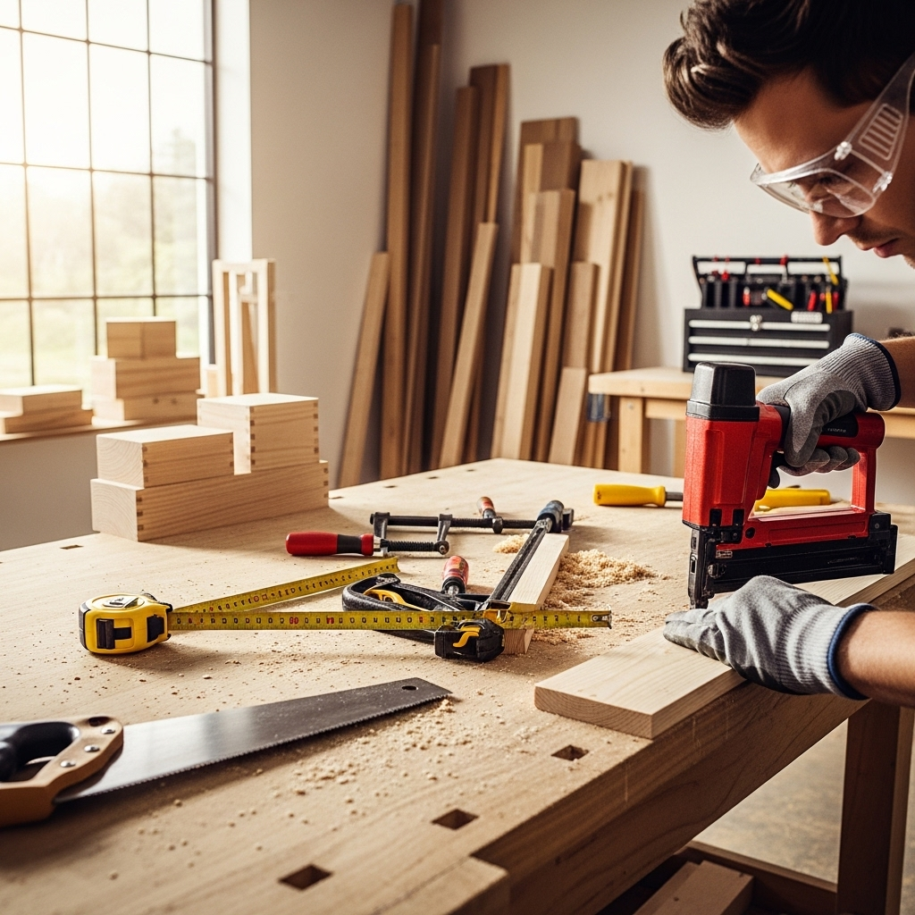 Visually represent the woodworking and DIY tool theme in a bright, modern, and relatable setting —