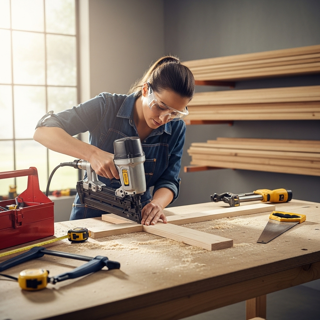 Visually represent the woodworking and DIY tool theme in a bright, modern, and relatable setting —