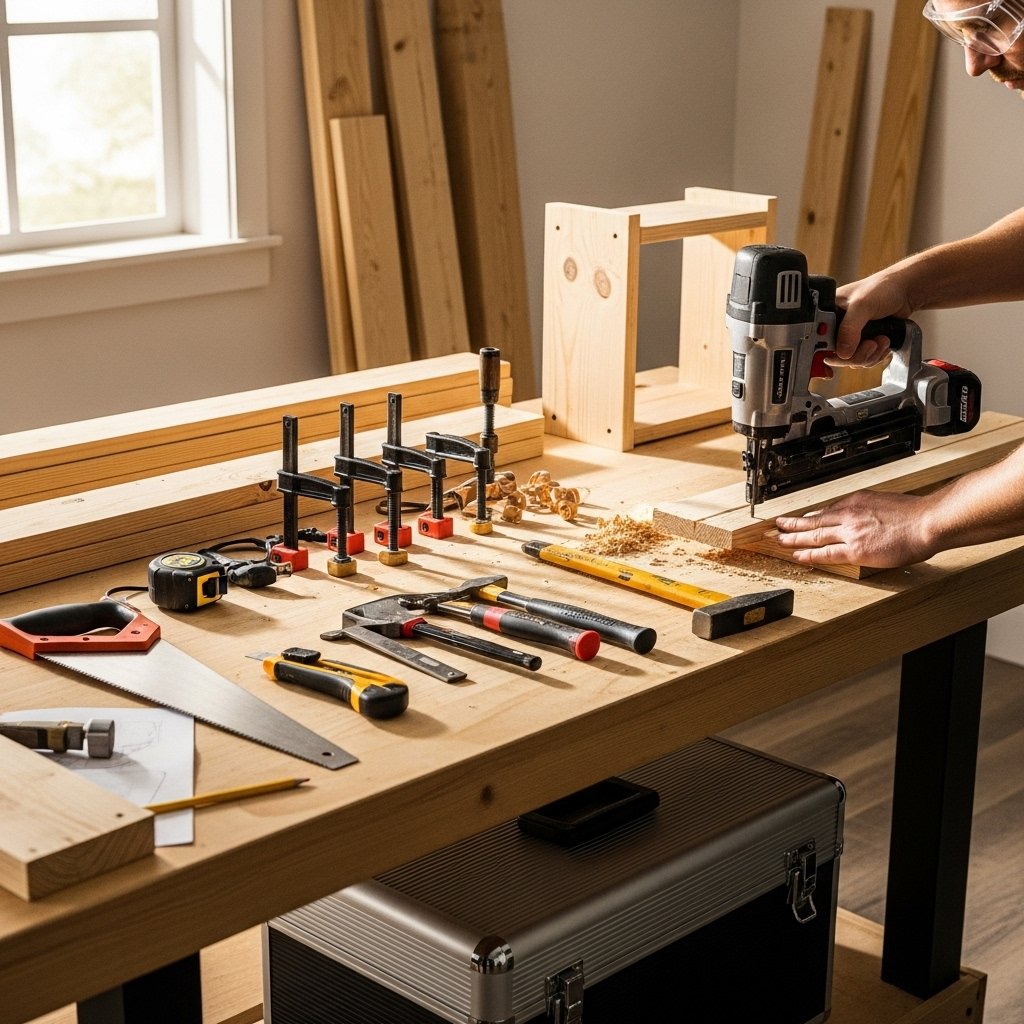 Visually represent the woodworking and DIY tool theme in a bright, modern, and relatable setting —