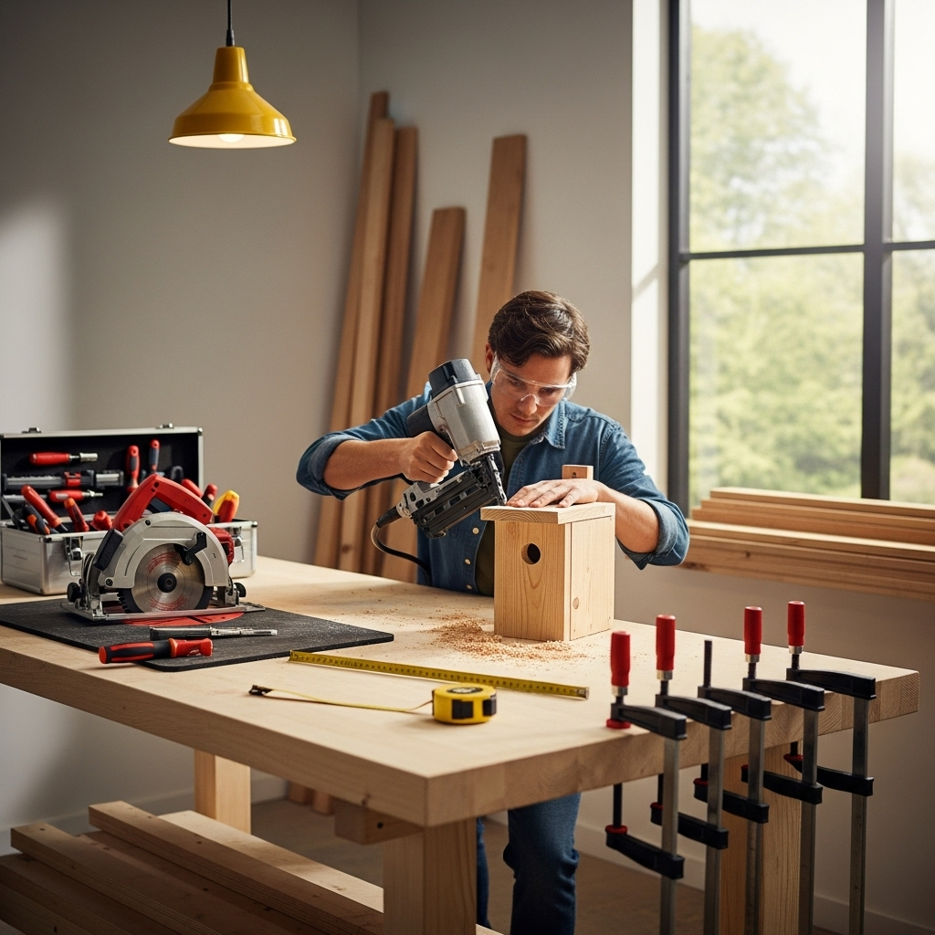 Visually represent the woodworking and DIY tool theme in a bright, modern, and relatable setting —