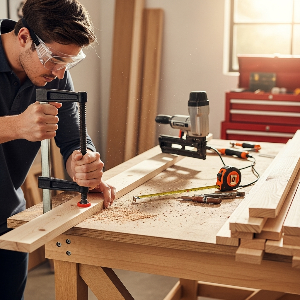 Visually represent the woodworking and DIY tool theme in a bright, modern, and relatable setting —