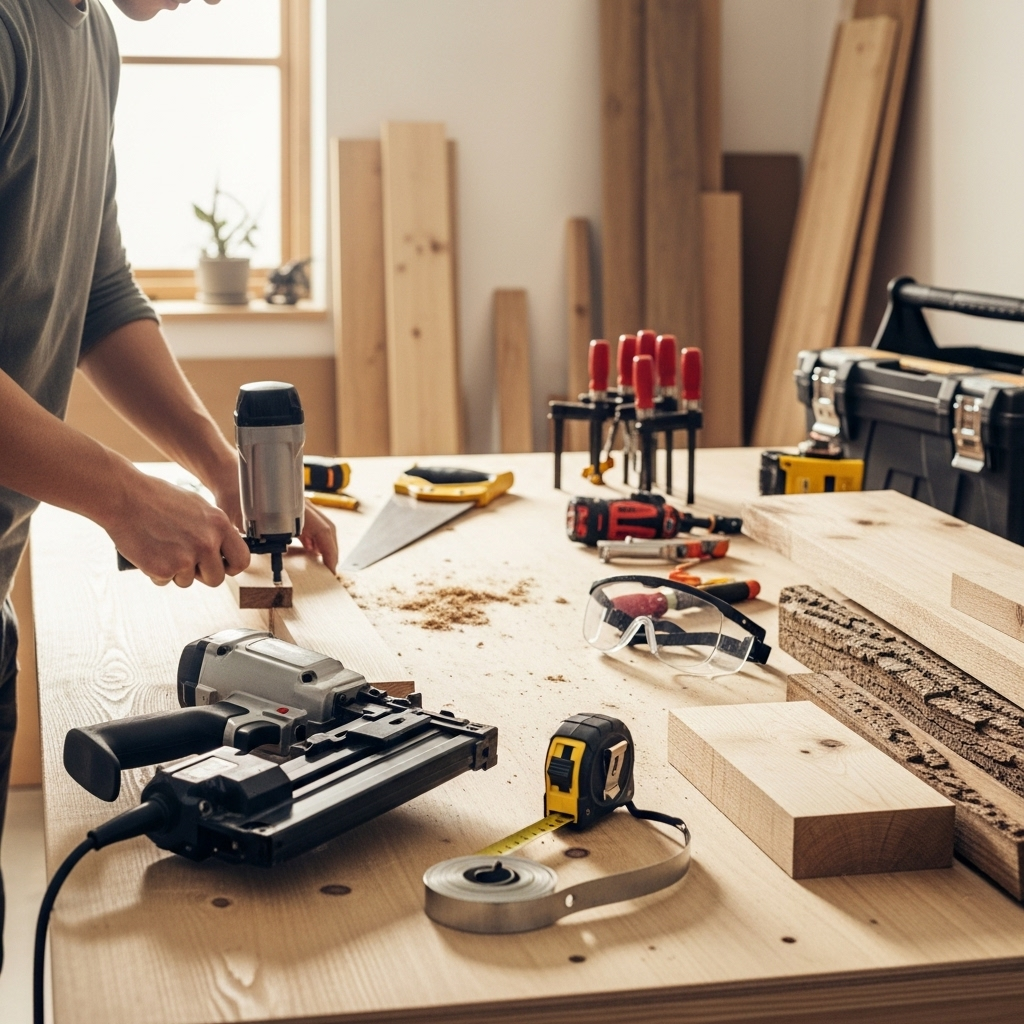 Visually represent the woodworking and DIY tool theme in a bright, modern, and relatable setting —