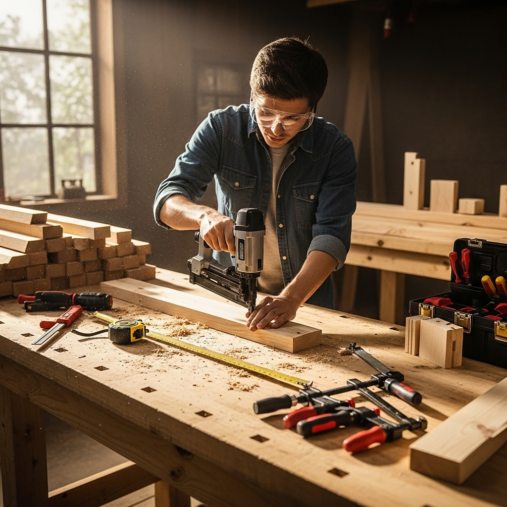 Visually represent the woodworking and DIY tool theme in a bright, modern, and relatable setting —