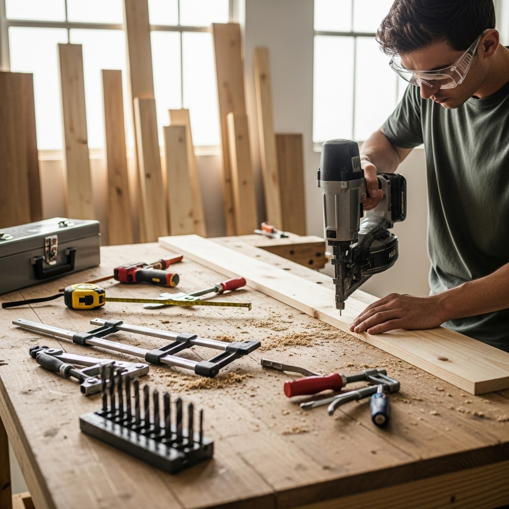 Visually represent the woodworking and DIY tool theme in a bright, modern, and relatable setting —