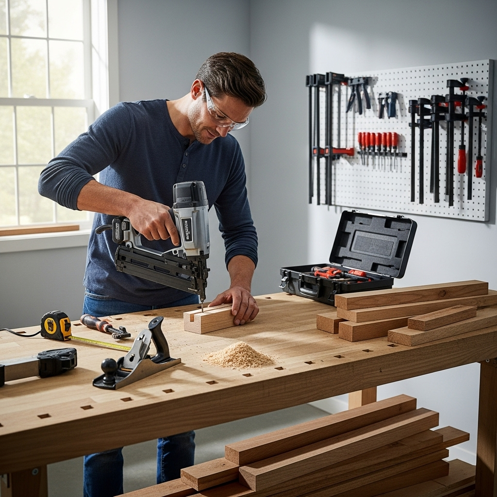 Visually represent the woodworking and DIY tool theme in a bright, modern, and relatable setting —