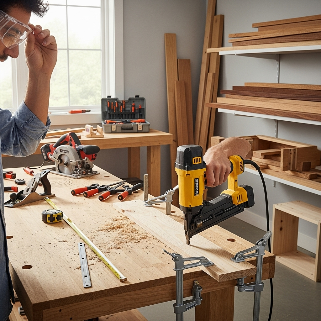 Visually represent the woodworking and DIY tool theme in a bright, modern, and relatable setting —