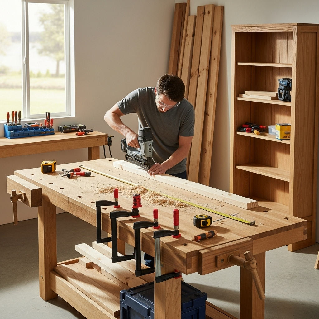 Visually represent the woodworking and DIY tool theme in a bright, modern, and relatable setting —