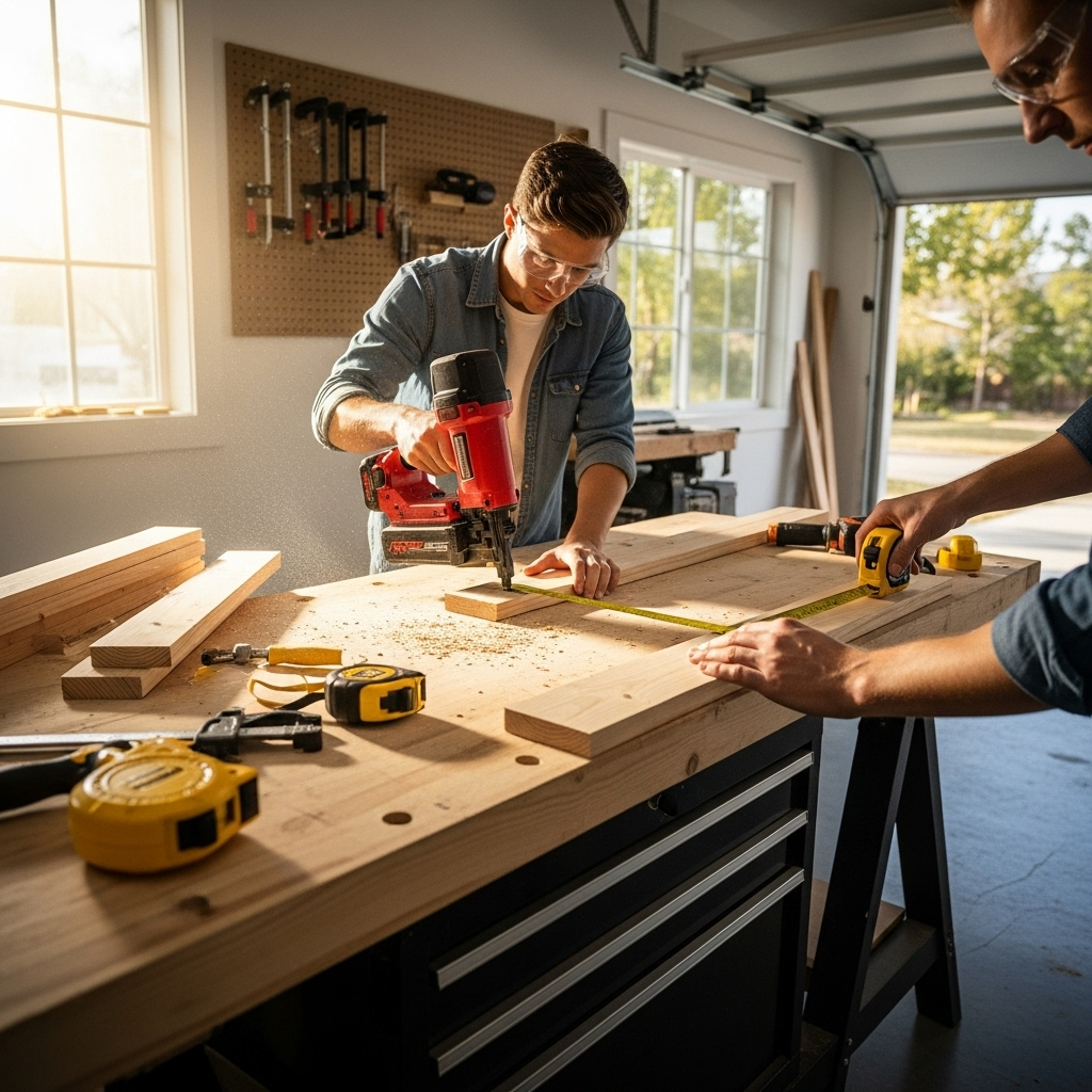 Visually represent the woodworking and DIY tool theme in a bright, modern, and relatable setting —