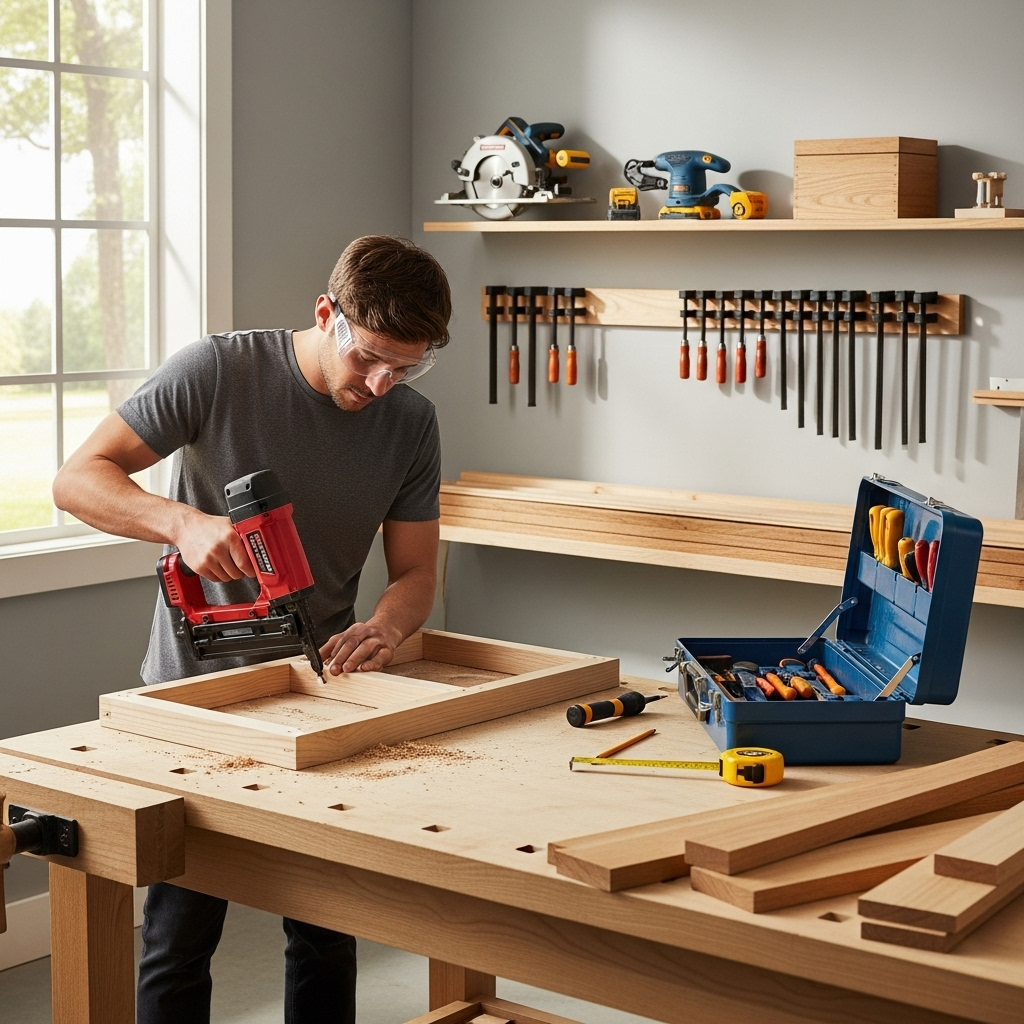 Visually represent the woodworking and DIY tool theme in a bright, modern, and relatable setting —