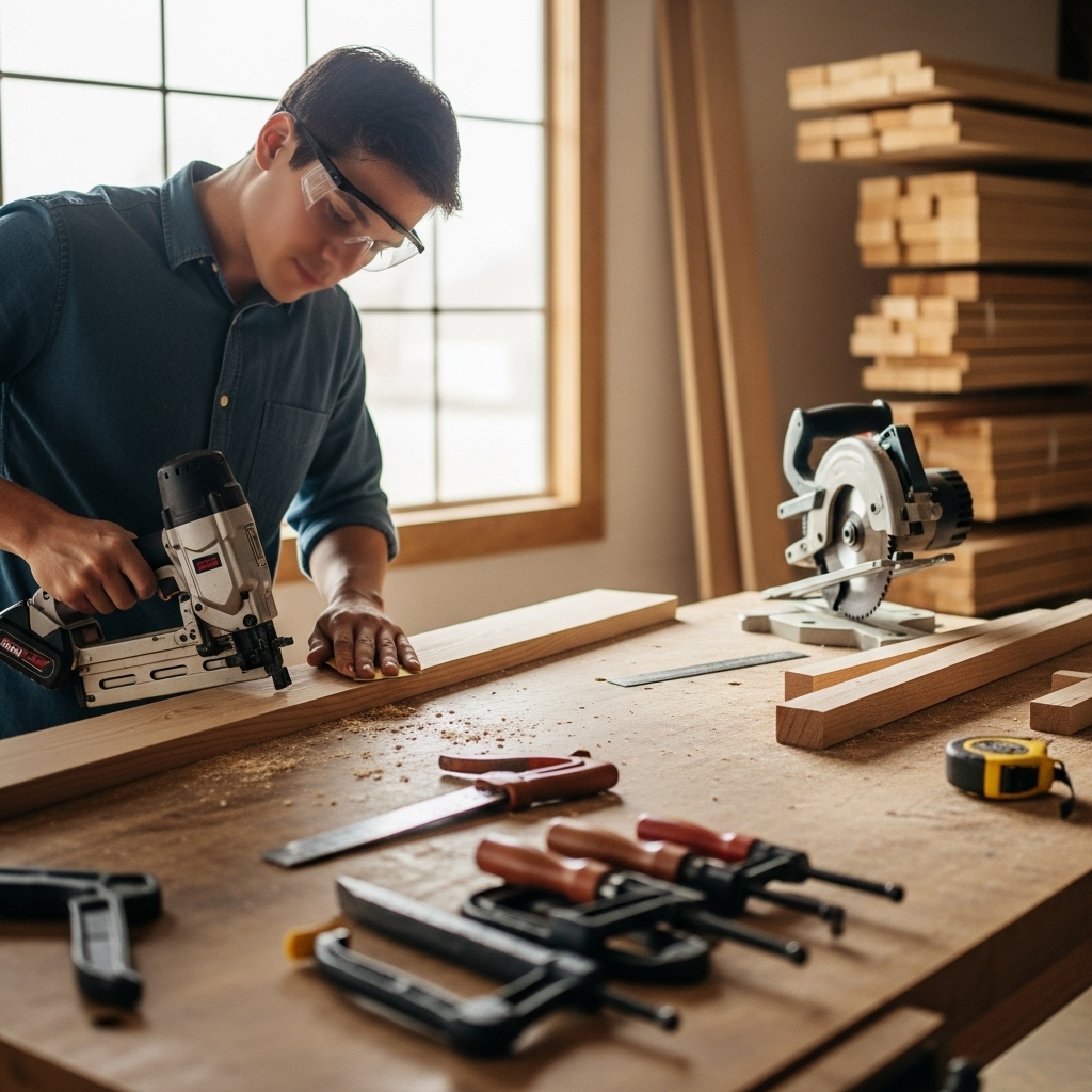 Visually represent the woodworking and DIY tool theme in a bright, modern, and relatable setting —