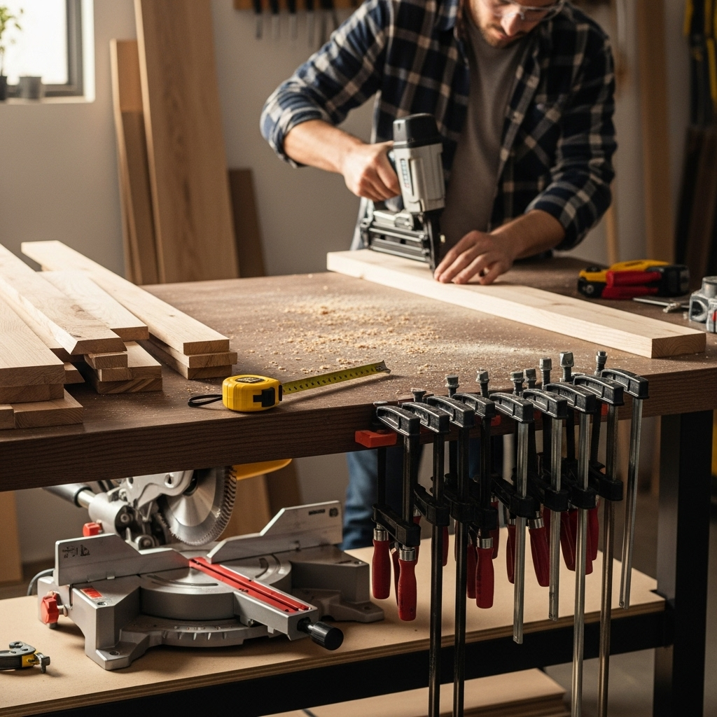 Visually represent the woodworking and DIY tool theme in a bright, modern, and relatable setting —