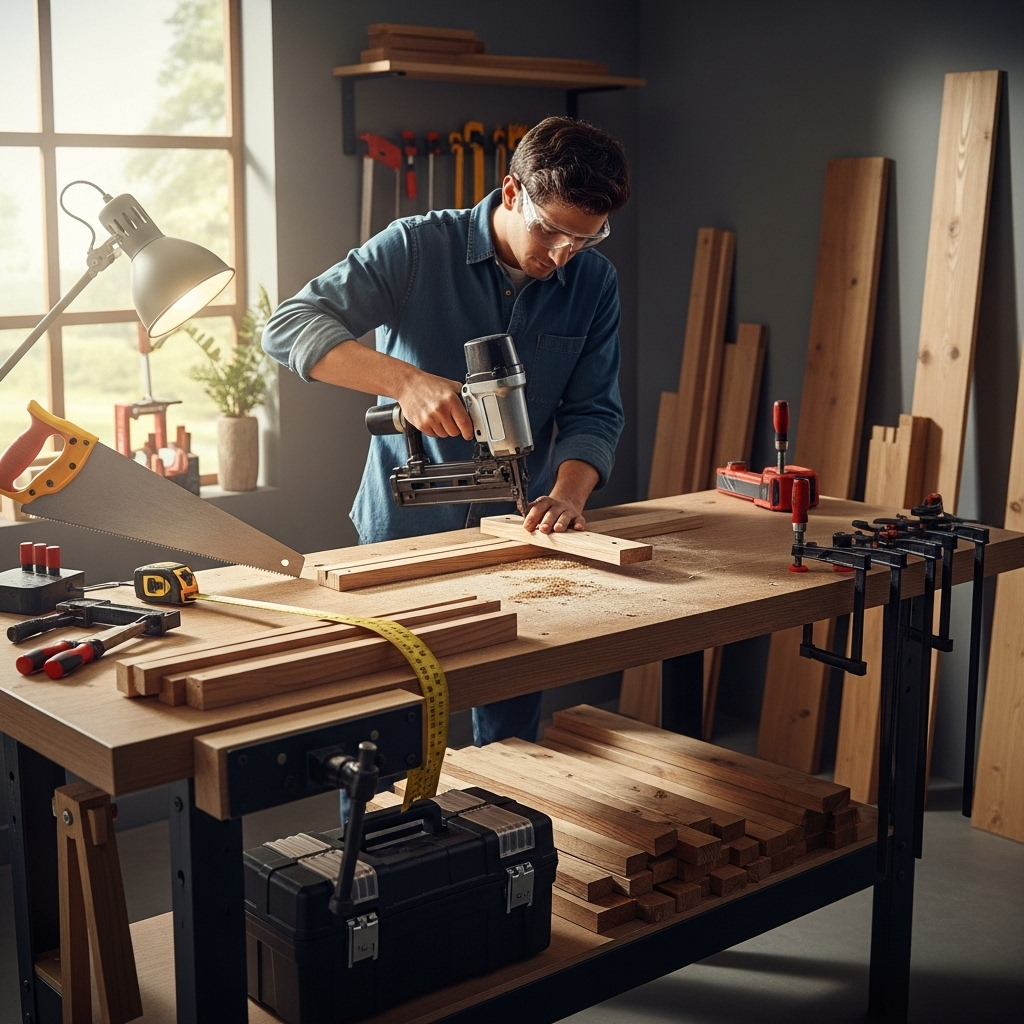 Visually represent the woodworking and DIY tool theme in a bright, modern, and relatable setting —