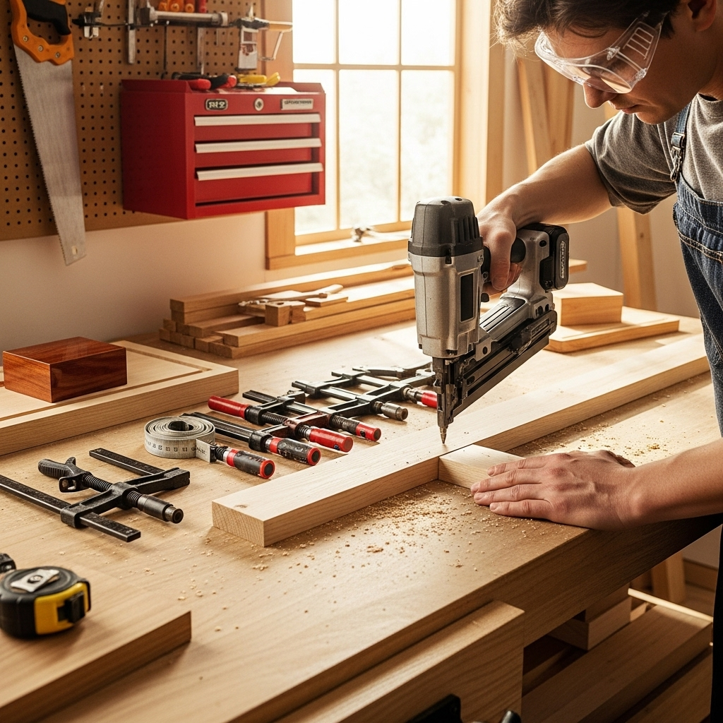Visually represent the woodworking and DIY tool theme in a bright, modern, and relatable setting —