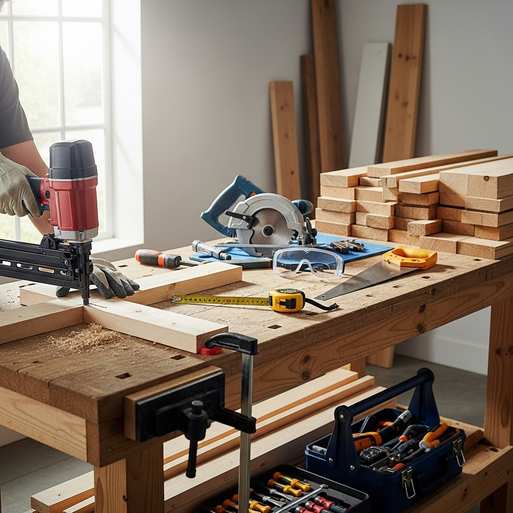 Visually represent the woodworking and DIY tool theme in a bright, modern, and relatable setting —