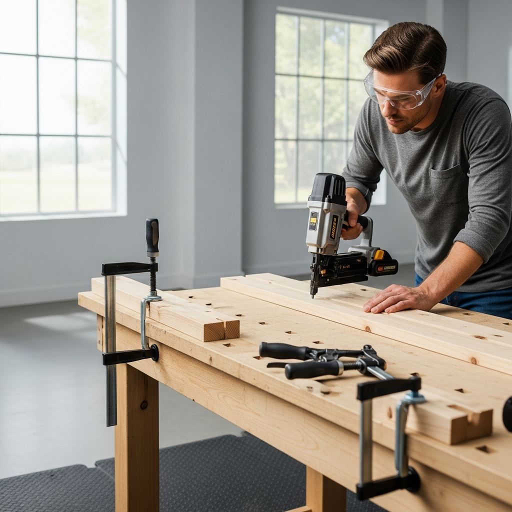 Visually represent the woodworking and DIY tool theme in a bright, modern, and relatable setting —
