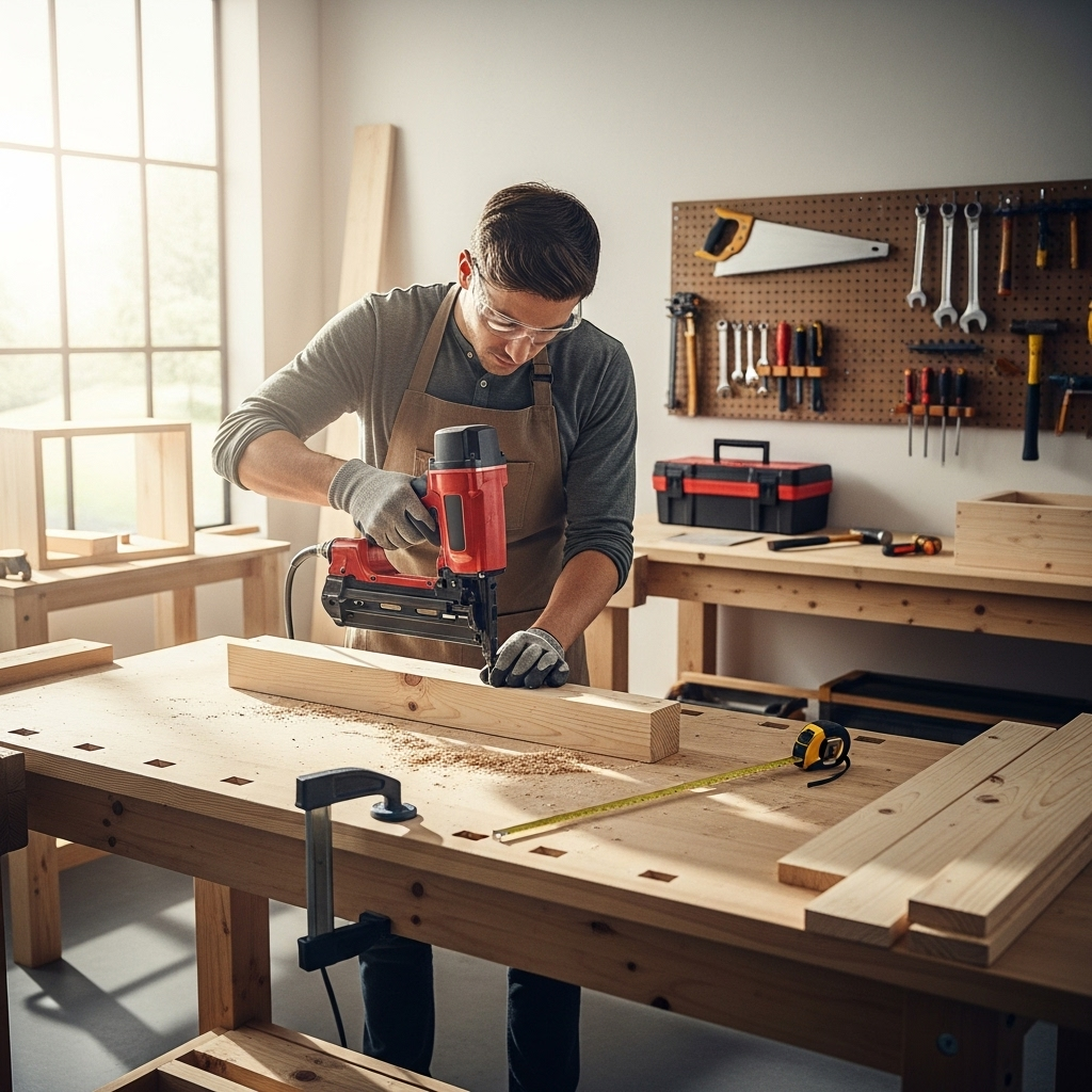 Visually represent the woodworking and DIY tool theme in a bright, modern, and relatable setting —