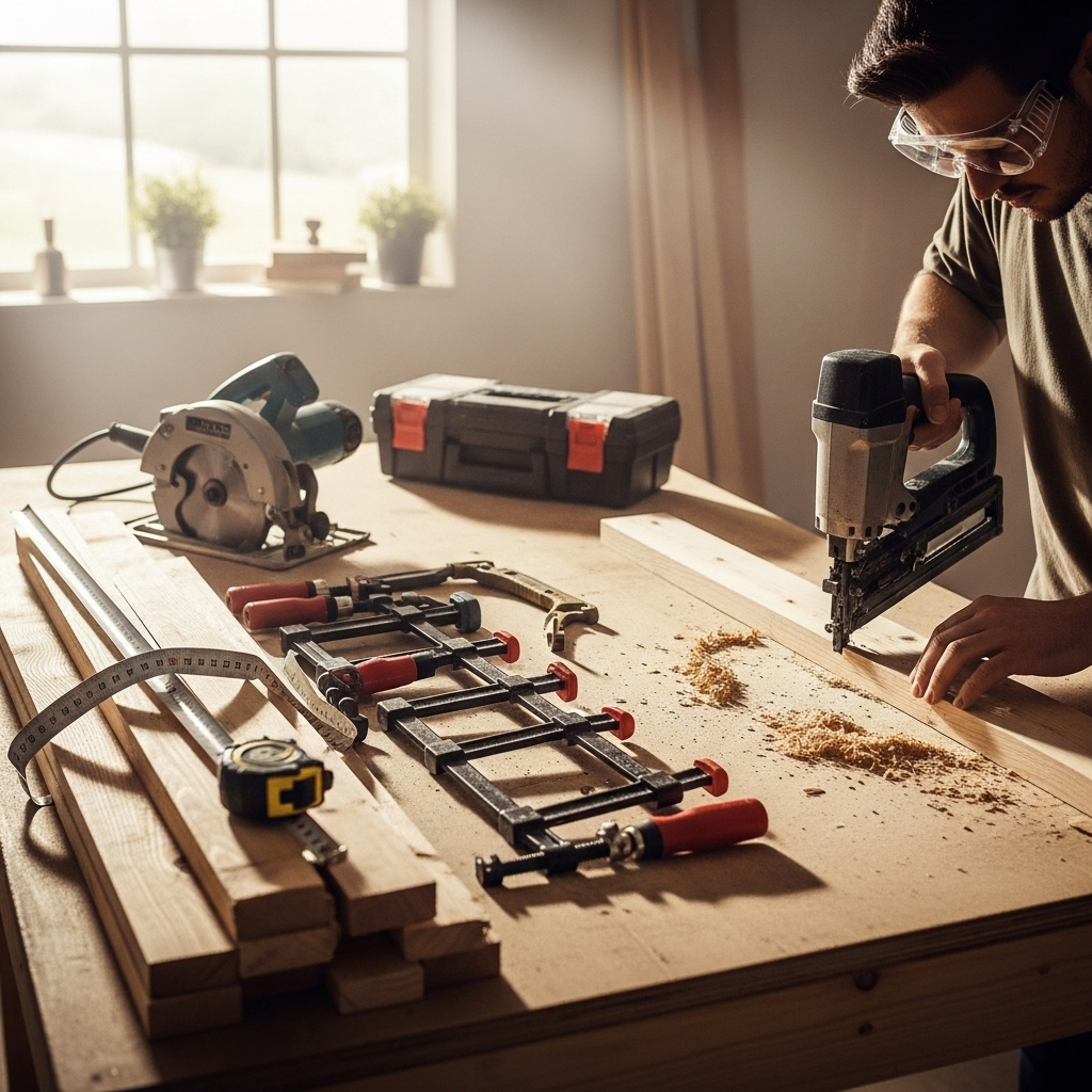 Visually represent the woodworking and DIY tool theme in a bright, modern, and relatable setting —