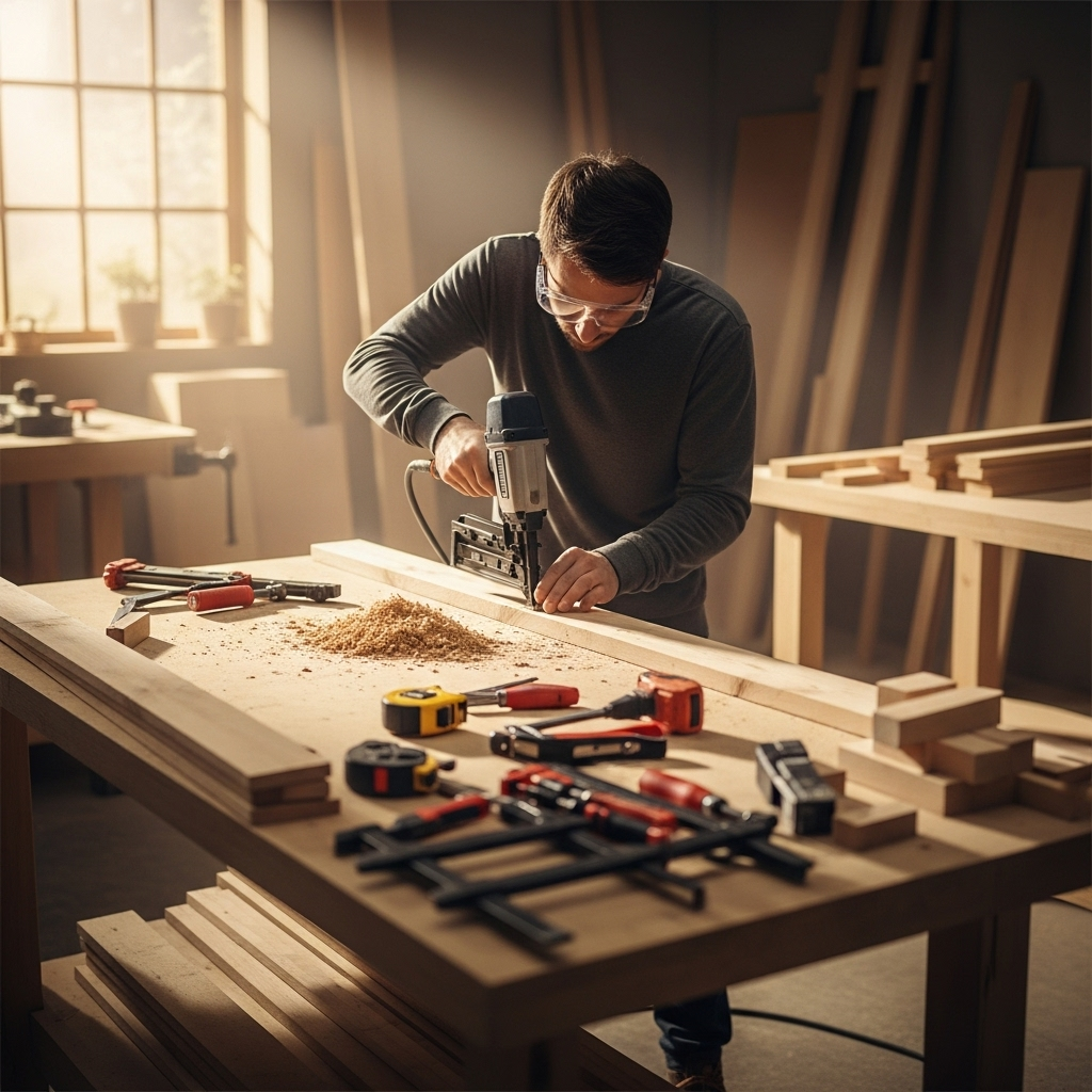 Visually represent the woodworking and DIY tool theme in a bright, modern, and relatable setting —