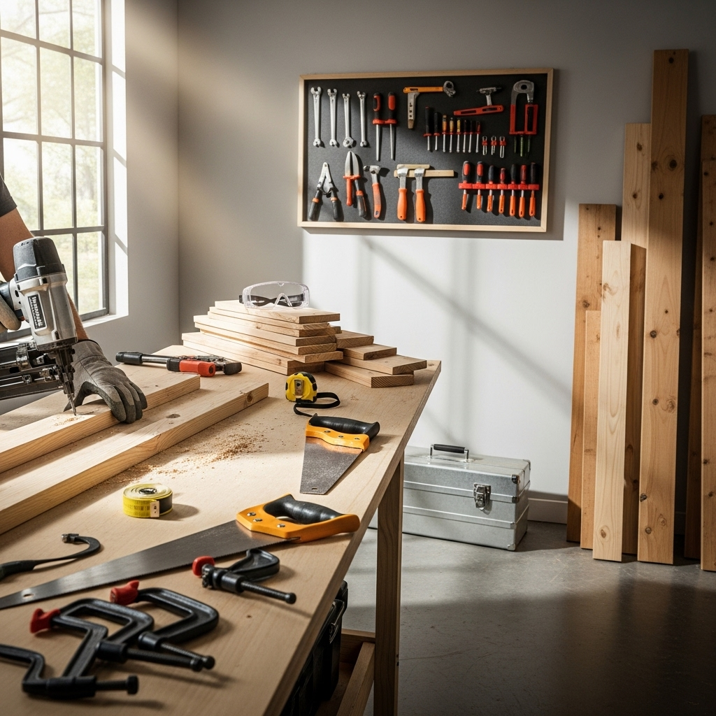 Visually represent the woodworking and DIY tool theme in a bright, modern, and relatable setting —