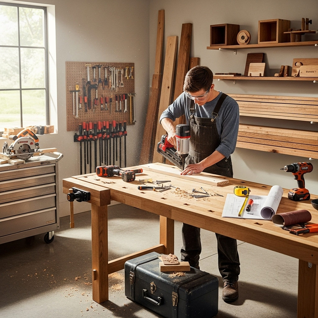 Visually represent the woodworking and DIY tool theme in a bright, modern, and relatable setting —
