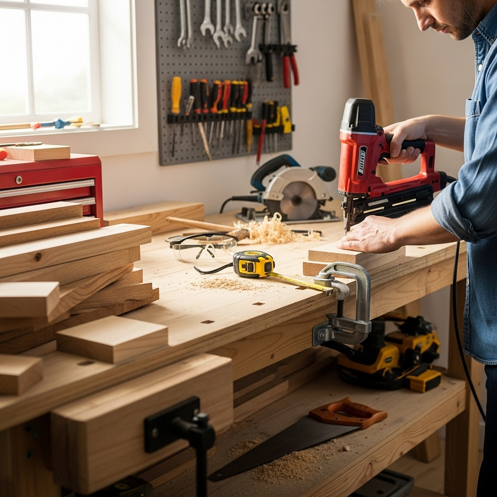 Visually represent the woodworking and DIY tool theme in a bright, modern, and relatable setting —