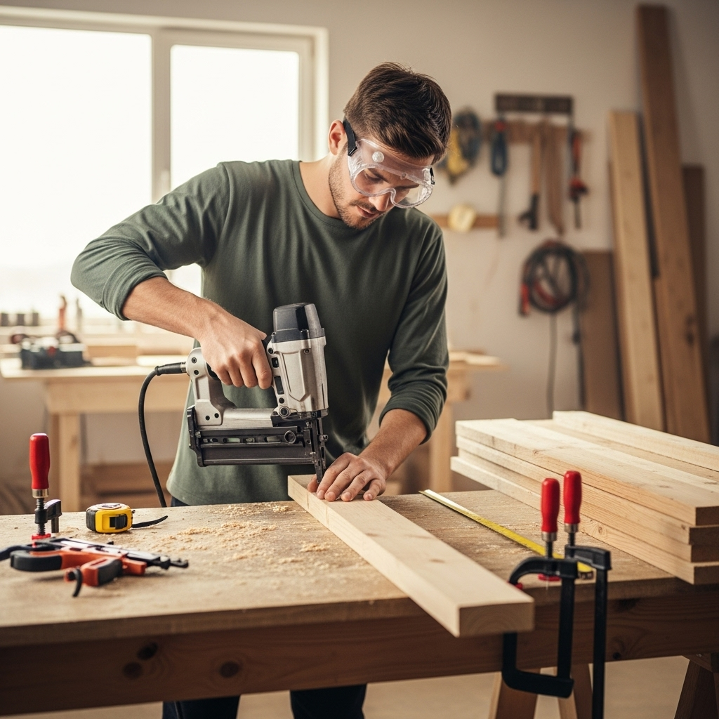 Visually represent the woodworking and DIY tool theme in a bright, modern, and relatable setting —
