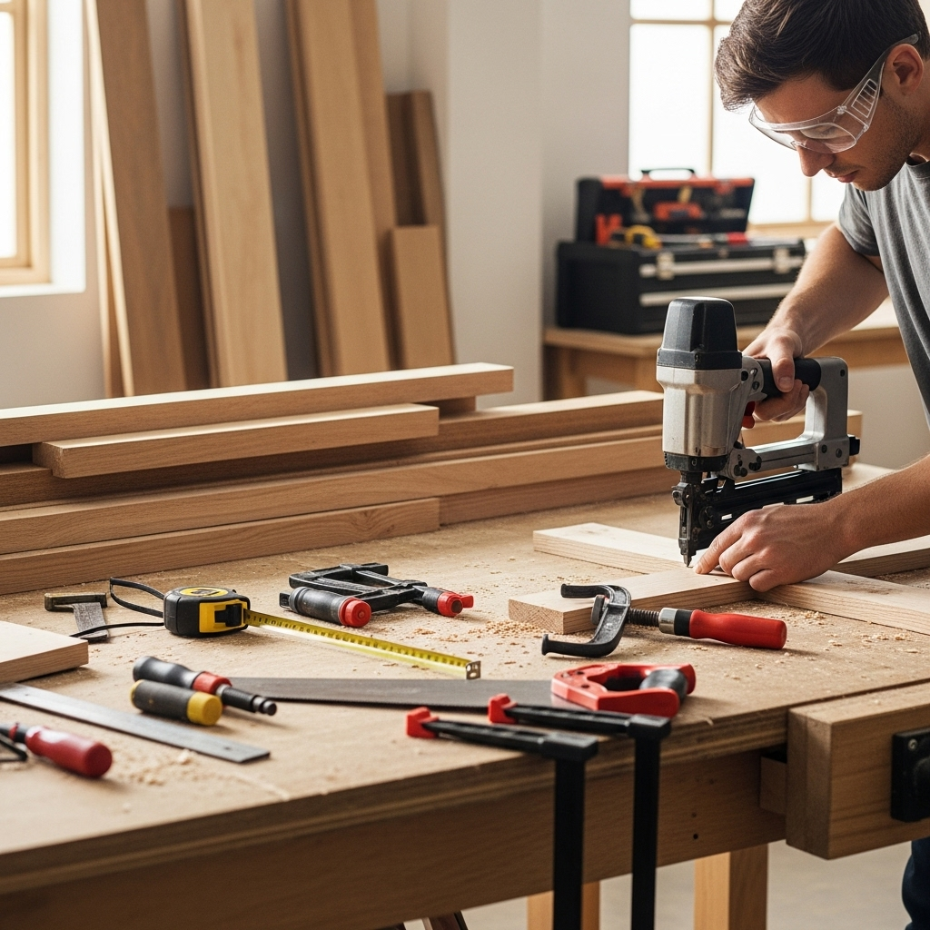 Visually represent the woodworking and DIY tool theme in a bright, modern, and relatable setting —
