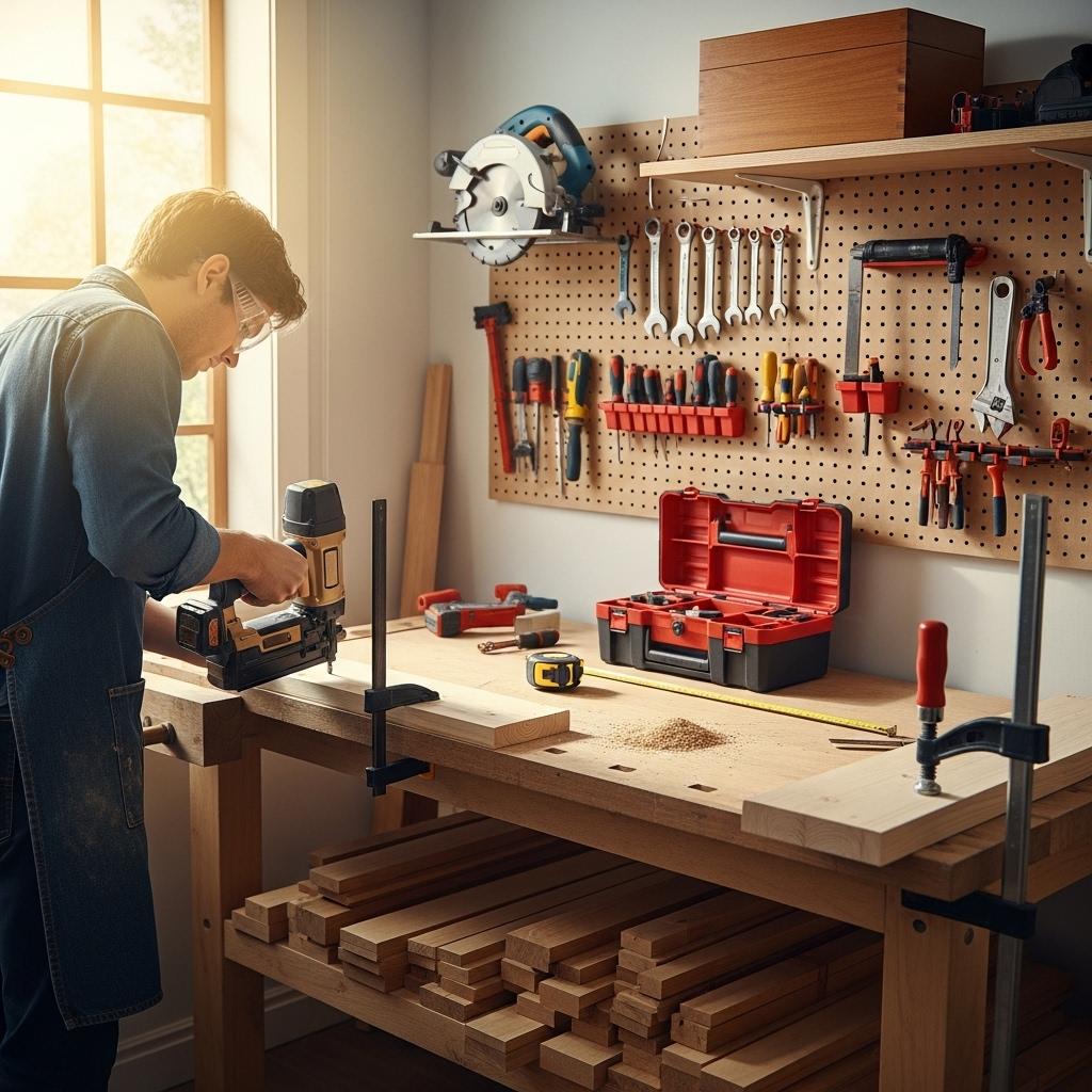 Visually represent the woodworking and DIY tool theme in a bright, modern, and relatable setting —