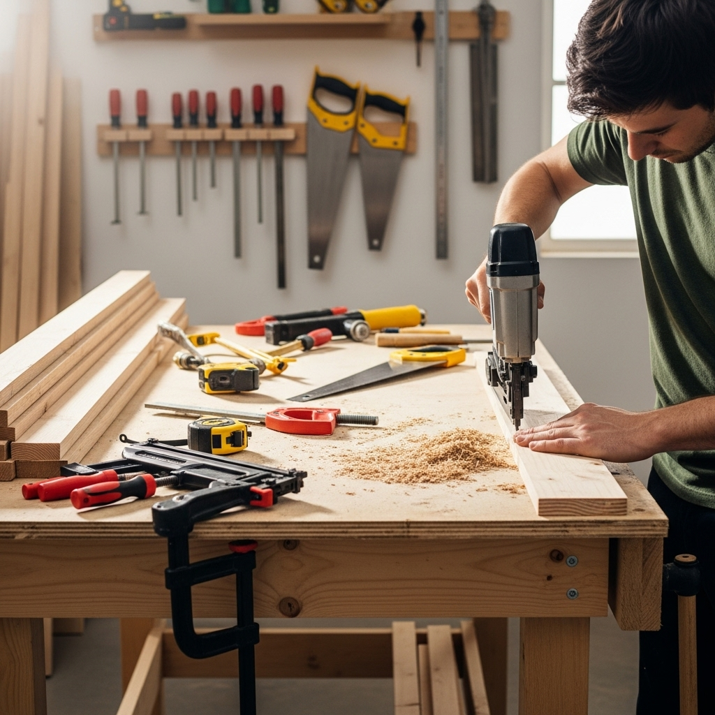 Visually represent the woodworking and DIY tool theme in a bright, modern, and relatable setting —