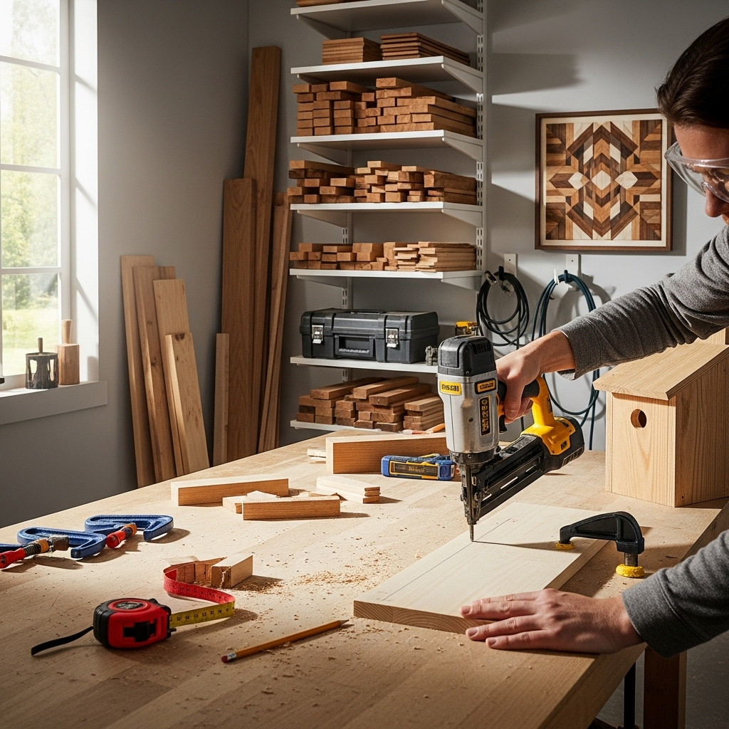 Visually represent the woodworking and DIY tool theme in a bright, modern, and relatable setting —