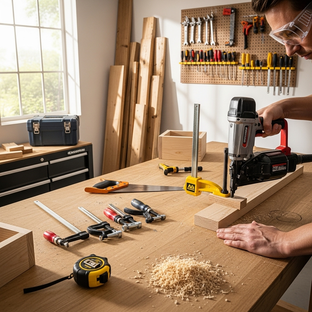 Visually represent the woodworking and DIY tool theme in a bright, modern, and relatable setting —