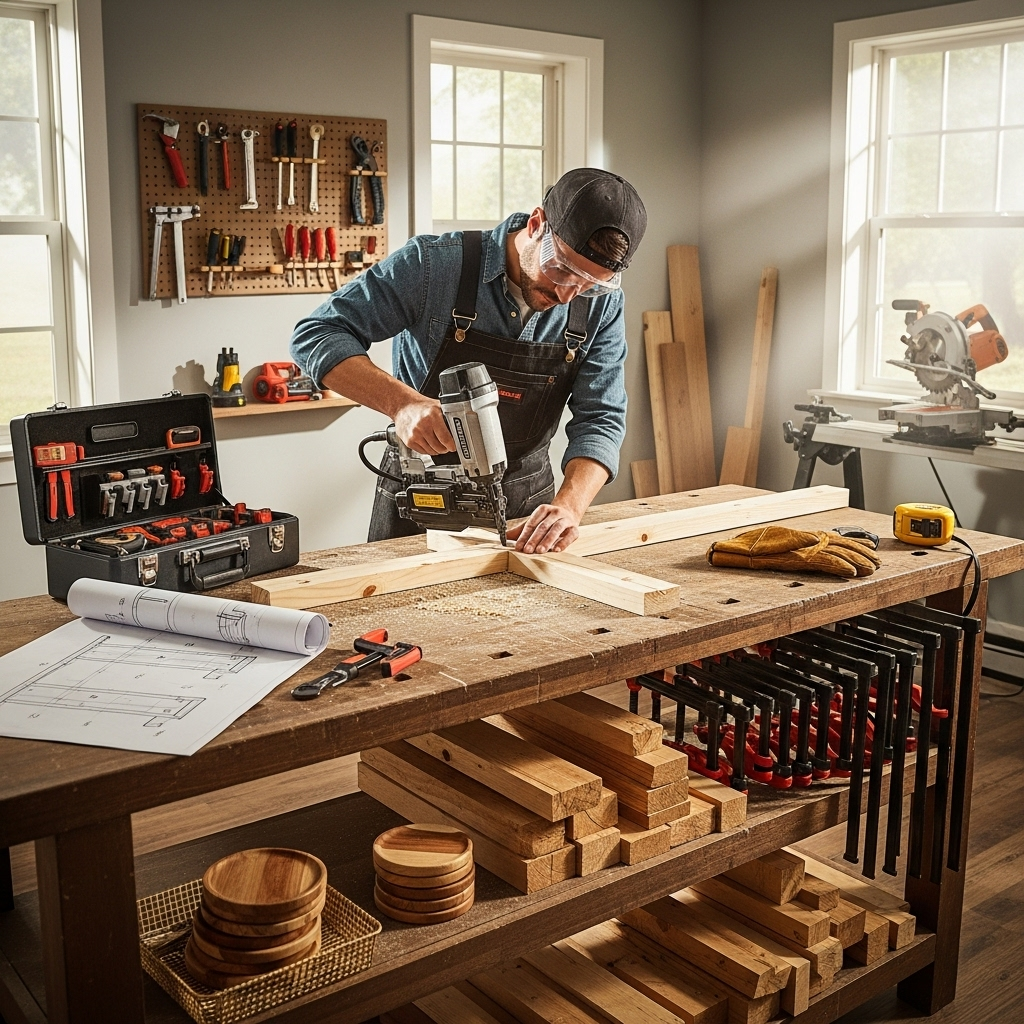 Visually represent the woodworking and DIY tool theme in a bright, modern, and relatable setting —