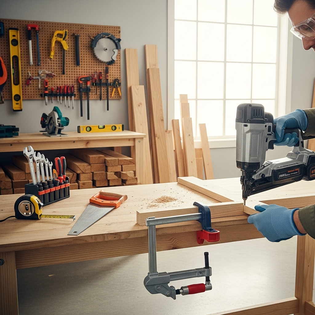 Visually represent the woodworking and DIY tool theme in a bright, modern, and relatable setting —
